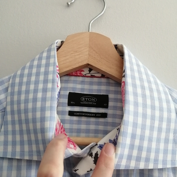Eton Contemporary Fit Blue White Check Plaid Dress Shirt Floral Trim 16.5 34/35 - Picture 5 of 15